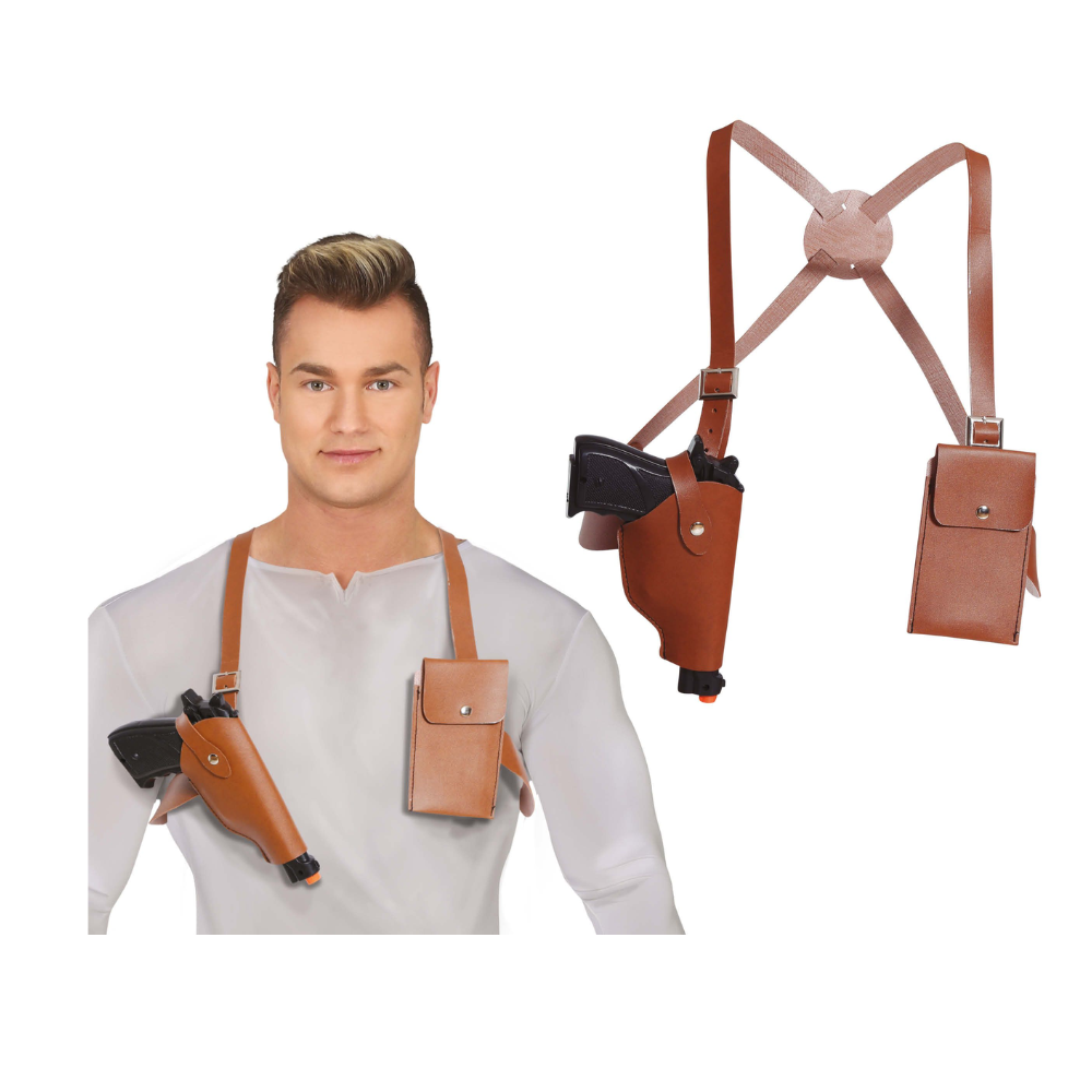 Holster avec pistolet et cartouchière marron