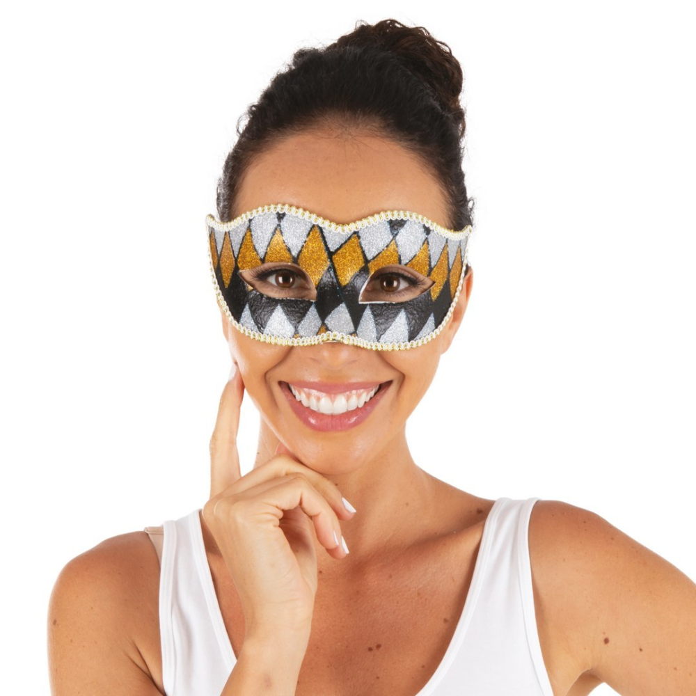 Loup vénitien arlequin noir et or