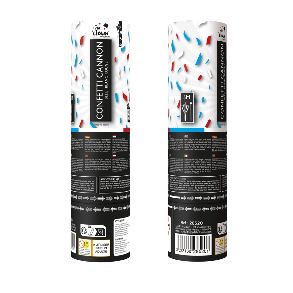 Canon à confettis tricolore bleu blanc rouge